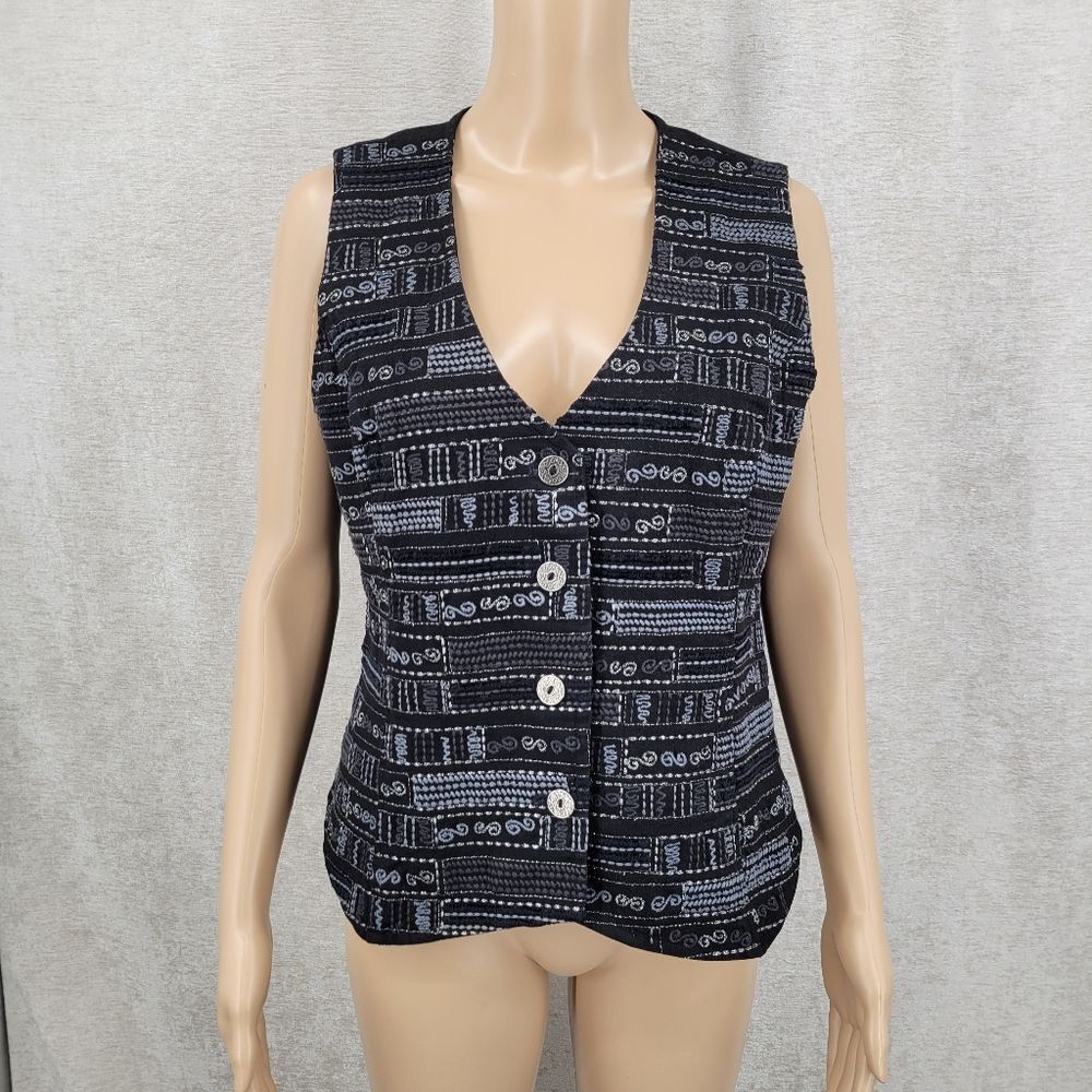 Chico's Vintage Black Denim with Gray and Silver Embroidery Vest